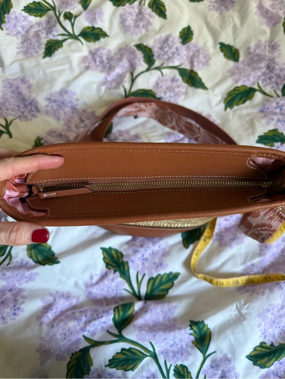 Stella & Dot Natural Straw Crossbody with Brown Leather Trim and Patterned Strap